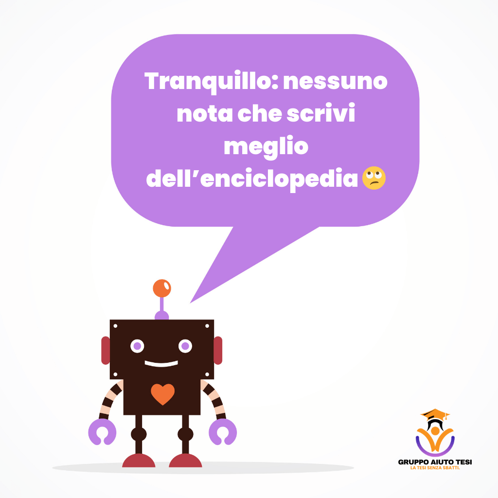 Vignetta ironica con robot che avverte sui rischi di usare l’intelligenza artificiale nella tesi di laurea