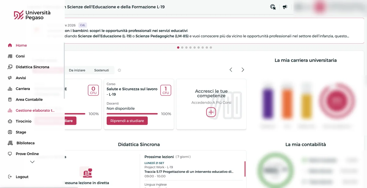 Menu laterale della piattaforma Pegaso aperto sulla voce Gestione elaborato tesi