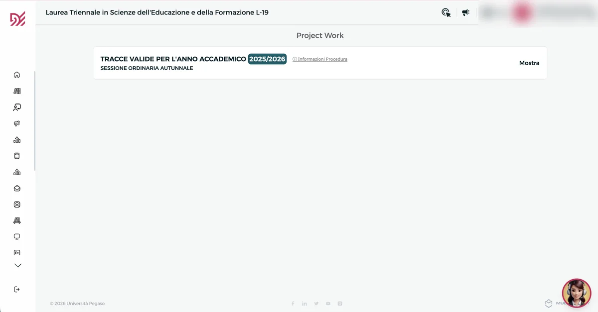 Sezione Project Work di Pegaso con le tracce valide e il pulsante Mostra