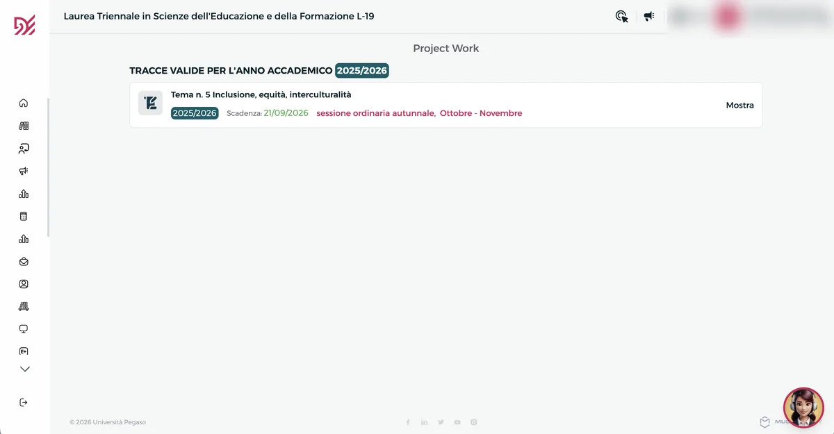 Tema del Project Work Pegaso con anno accademico, scadenza e sessione