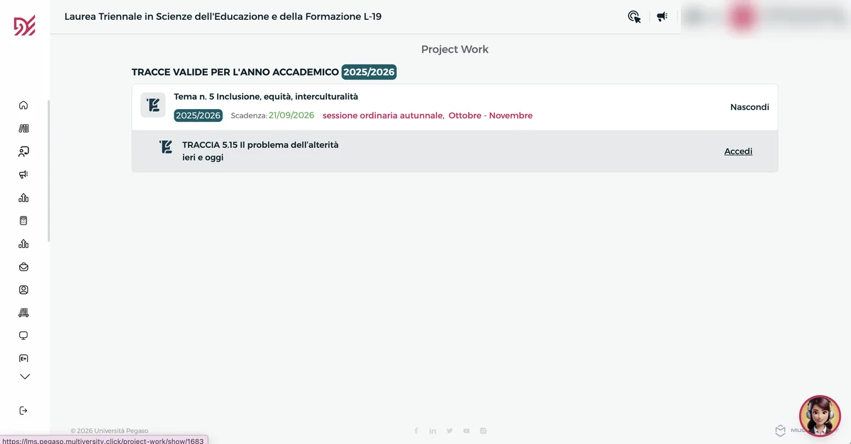 Traccia del Project Work Pegaso con il pulsante Accedi