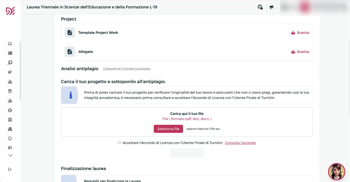 Area di Pegaso per scaricare il template e caricare il Project Work