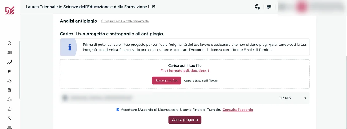 File del Project Work selezionato su Pegaso con la spunta Turnitin e il pulsante Carica progetto