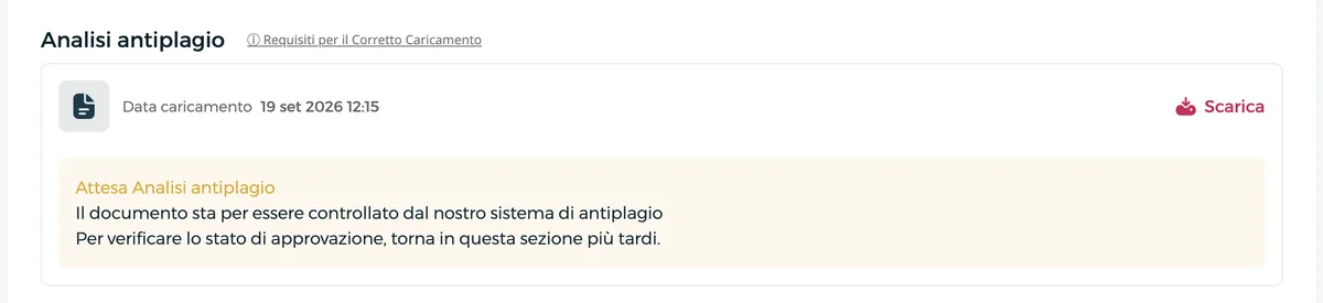 Messaggio di Pegaso che segnala il Project Work in attesa dell analisi antiplagio