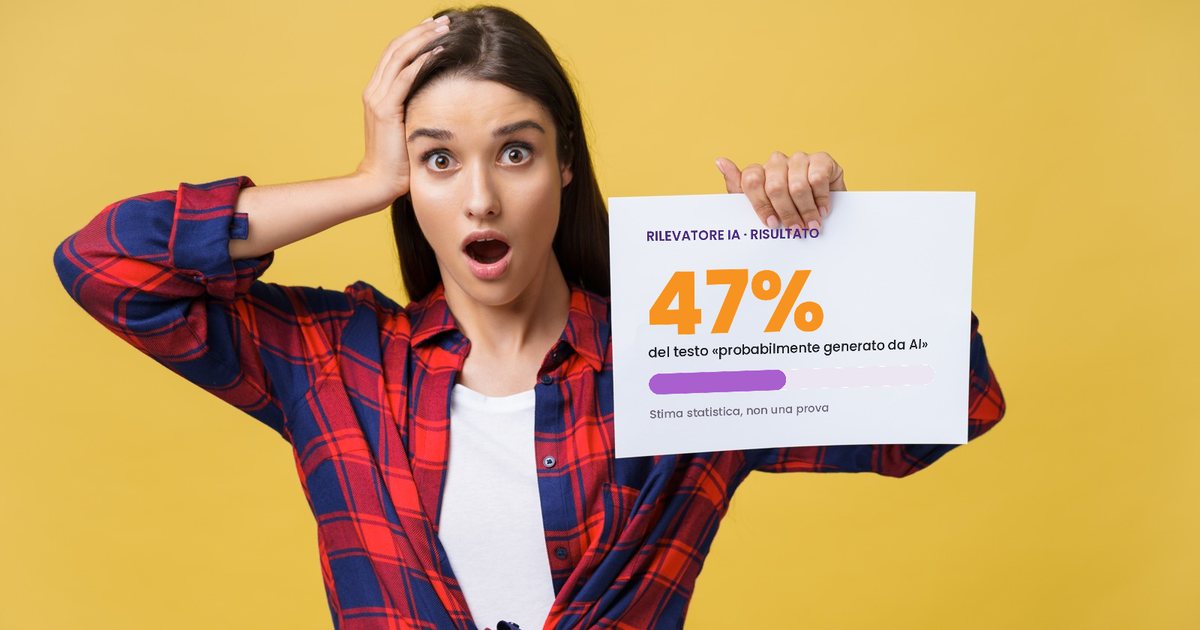 Studentessa sconvolta su sfondo giallo che mostra un foglio con il risultato di un rilevatore IA: 47% di testo probabilmente generato da AI